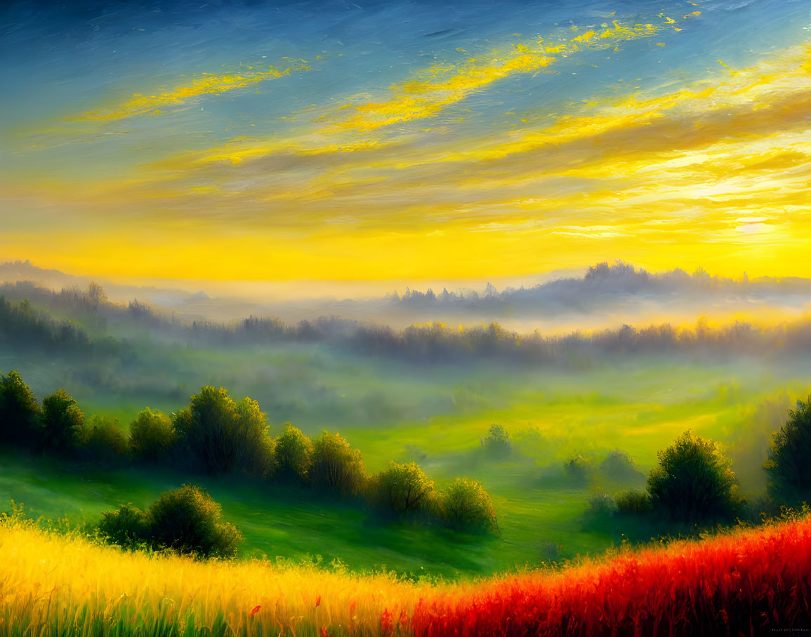 Colorful Sunrise Landscape with Misty Hills and Green Fields