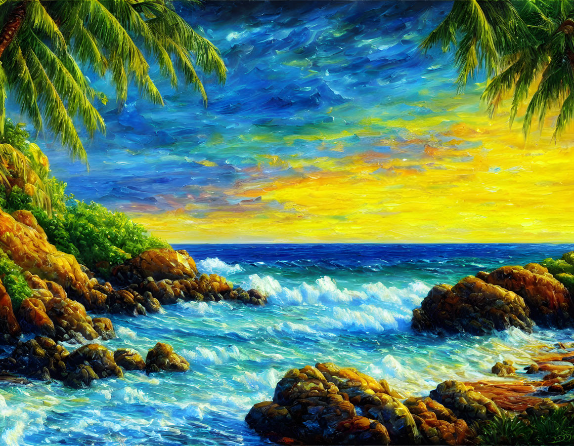 Tropical beach sunset painting with crashing waves and palm trees