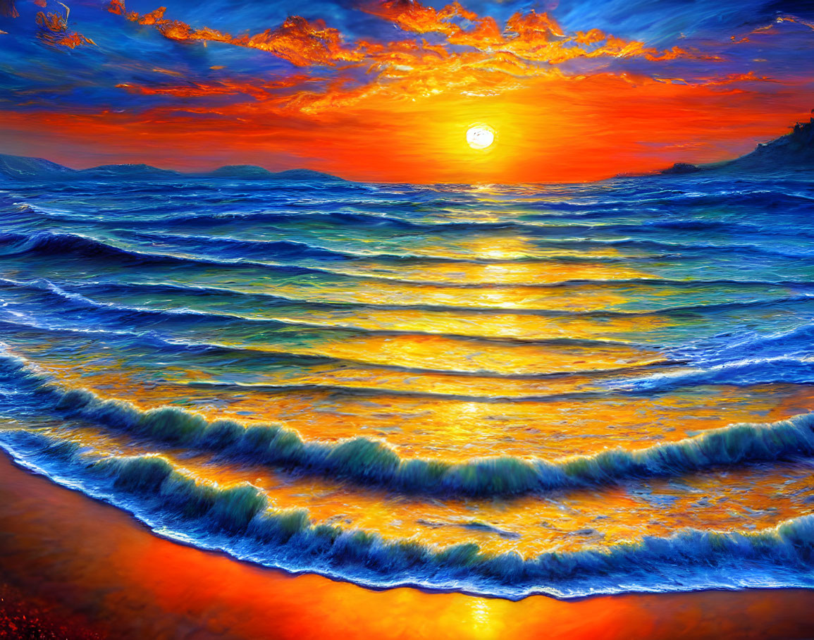 Vivid ocean sunset with radiant clouds and gentle waves