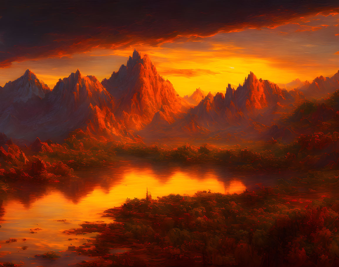 Fiery sunset over mountain range reflected in calm lake