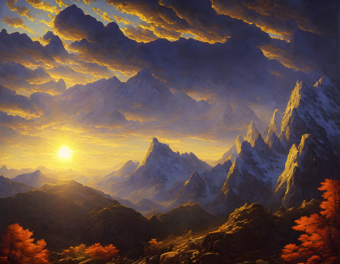 Fiery sunset over rugged mountain landscape with autumn forest