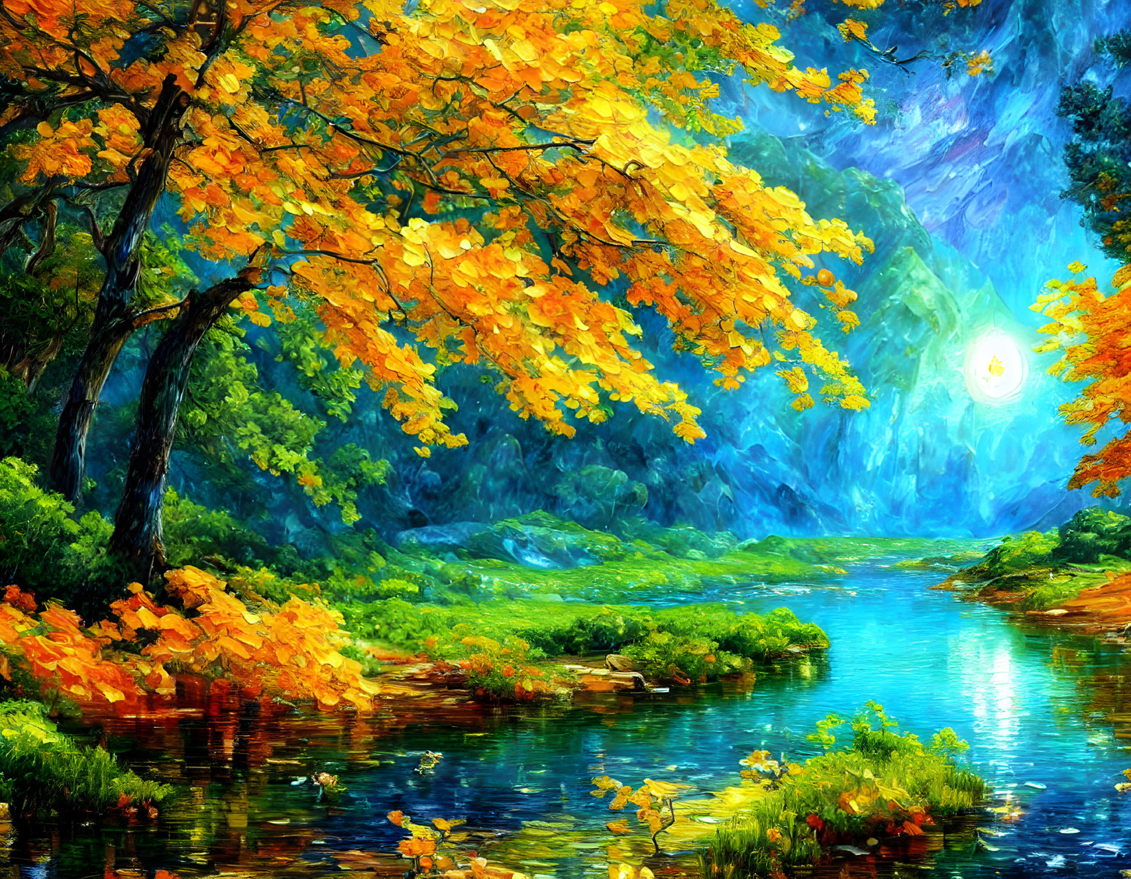 Scenic landscape with river, autumn trees, bright sun, and mystical sky