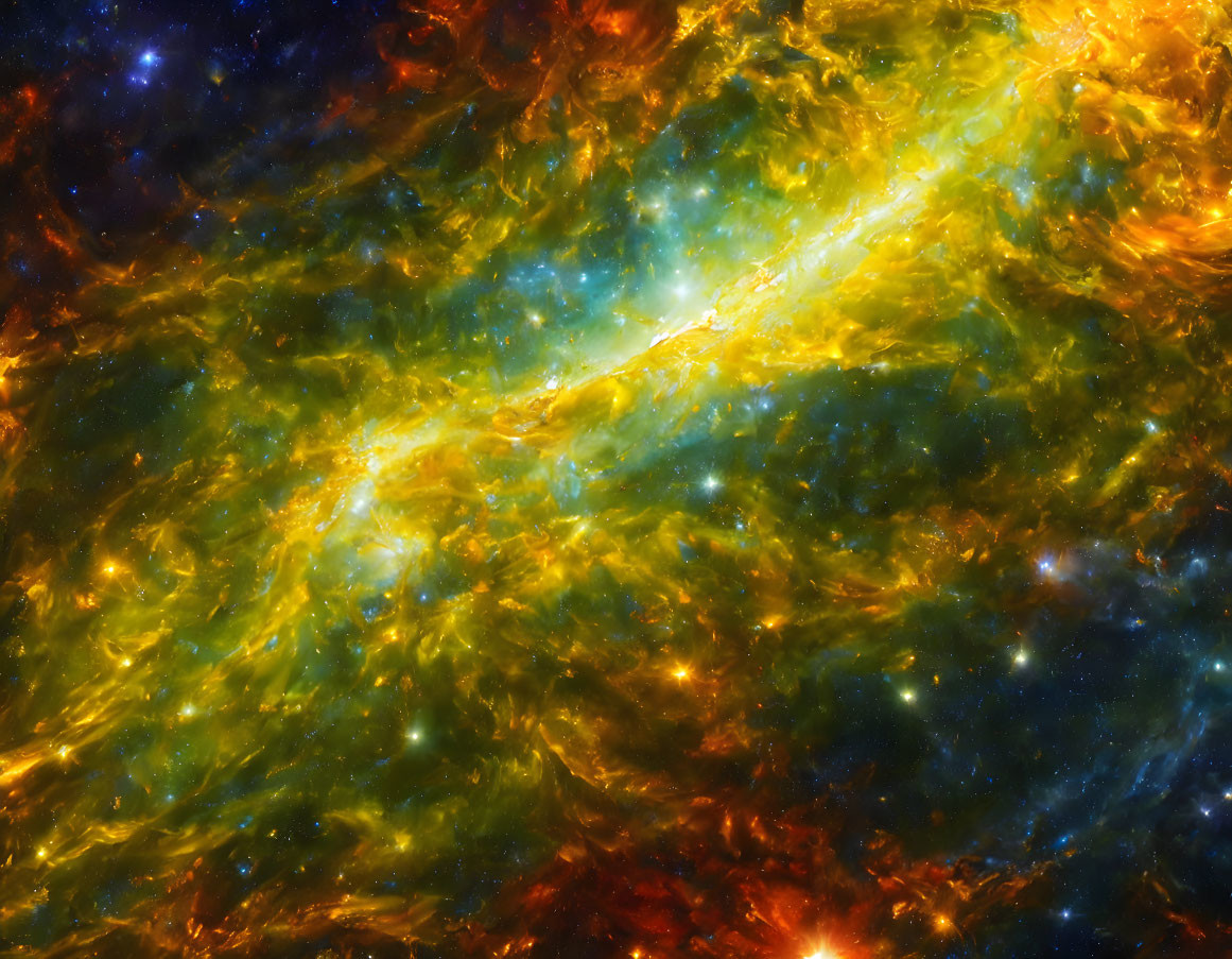 Colorful swirling patterns of blue, yellow, and orange in cosmic image