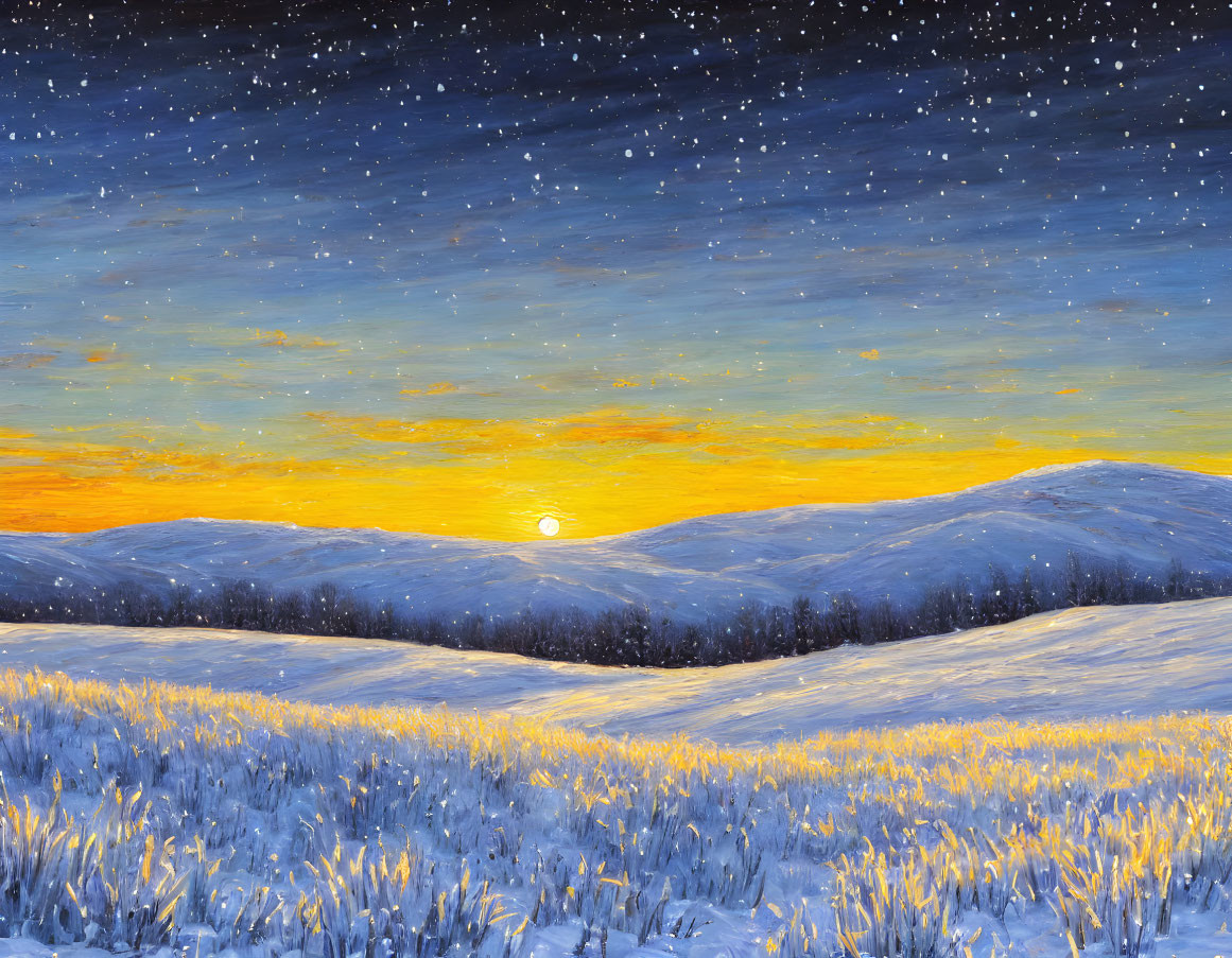 Wintry landscape painting: radiant sunset over snow-covered hills