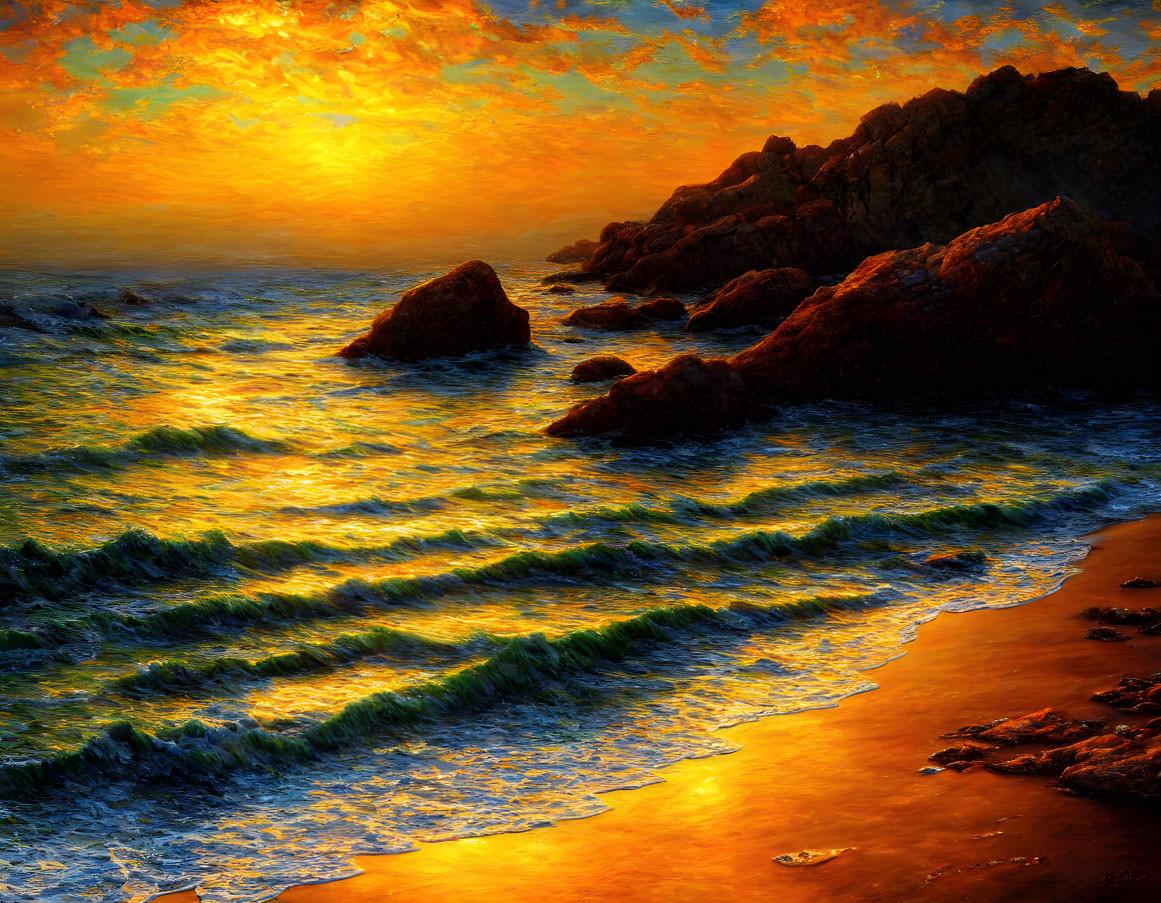 Scenic sunset on rocky coastline with crashing waves