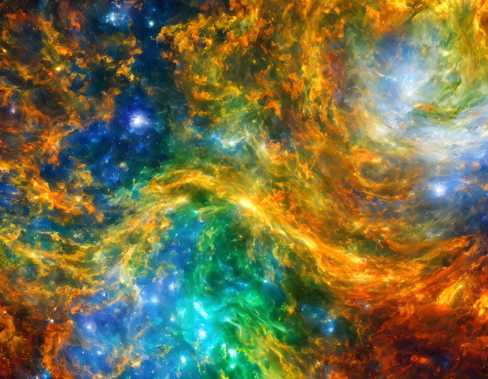 Colorful Cosmic Scene with Swirling Patterns in Orange, Gold, Green, and Blue