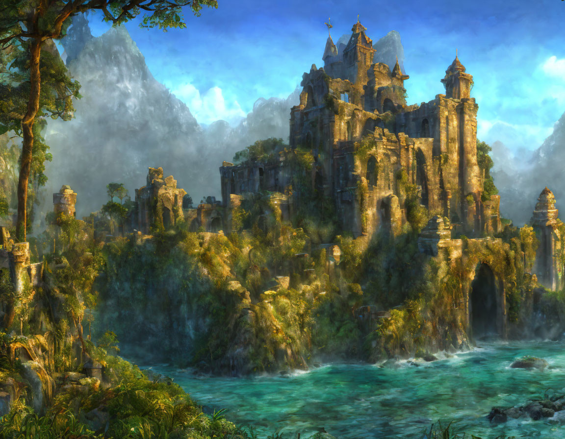 Digital artwork: Mystical castle in lush landscape