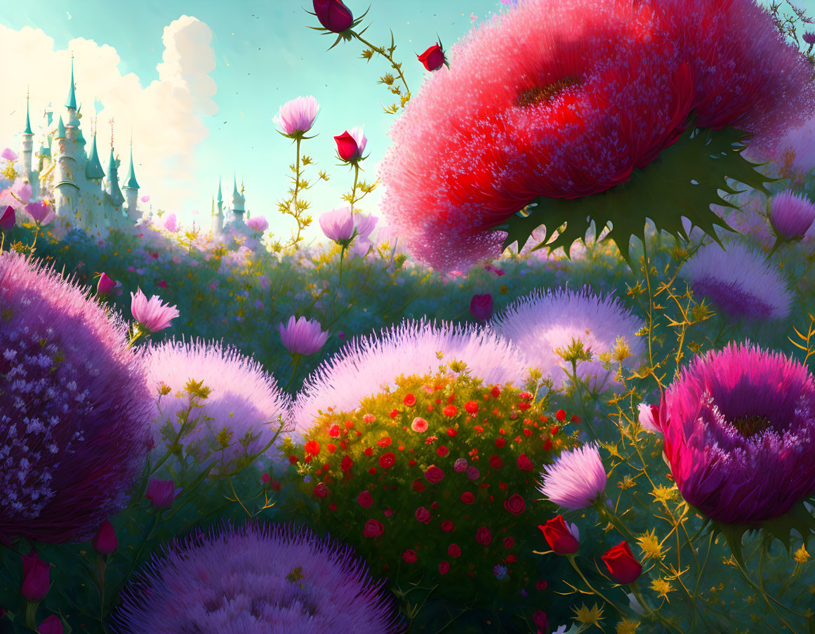 Colorful Fantasy Landscape with Flowers and Fairytale Castle