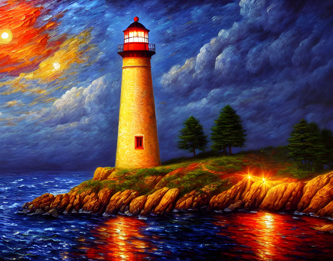 Vibrant painting: Lighthouse on rocky outcrop at dusk