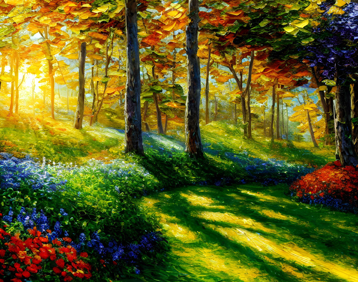 Autumn forest path with colorful wildflowers and sunlight shadows