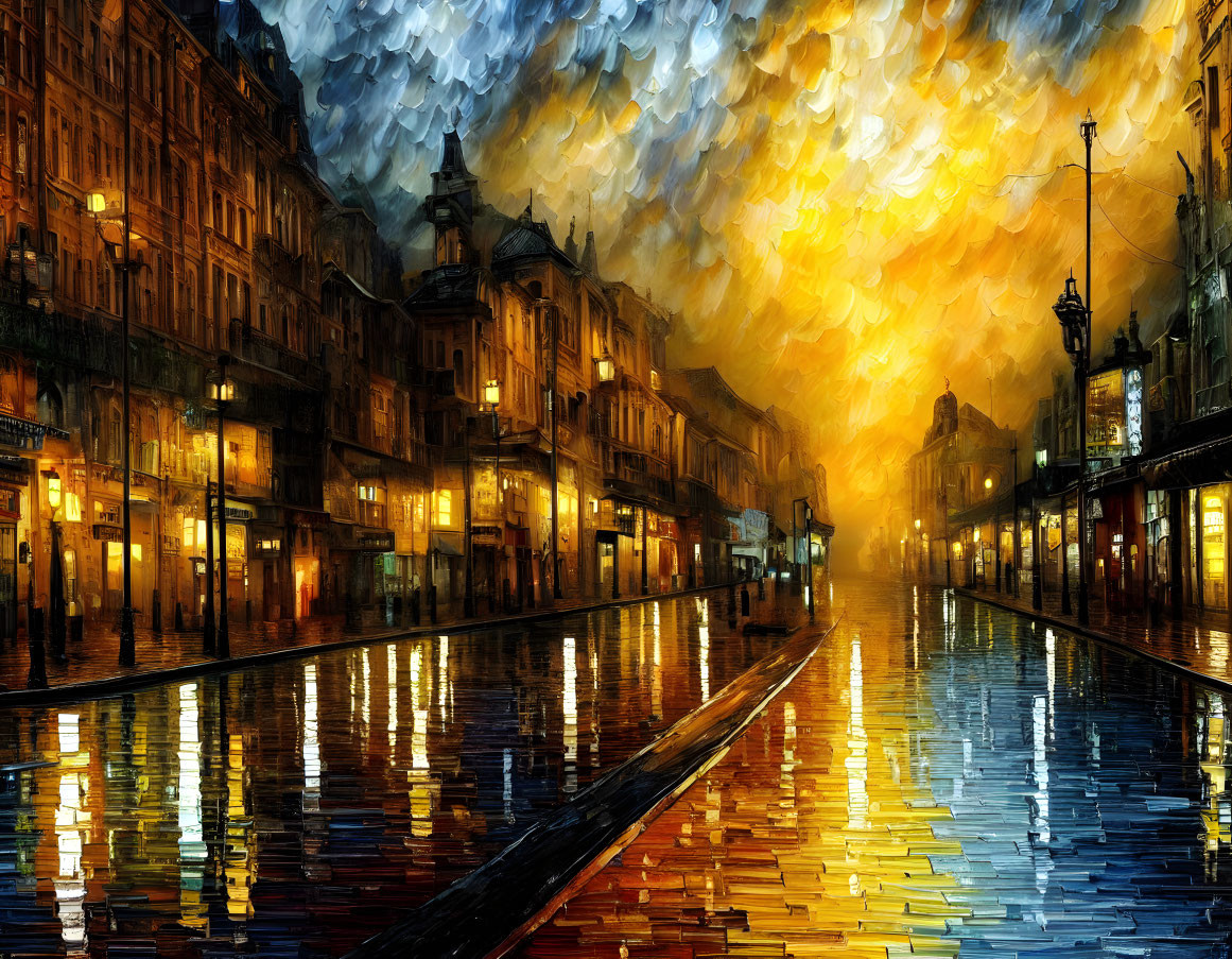 Vivid digital art: Rain-soaked street at dusk with reflective buildings under dramatic sky