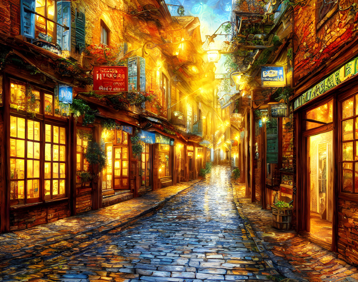 Charming cobblestone street with colorful storefronts at dusk