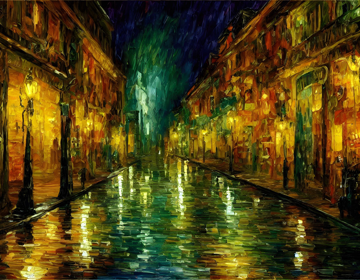 Impressionist style night scene of rain-drenched street