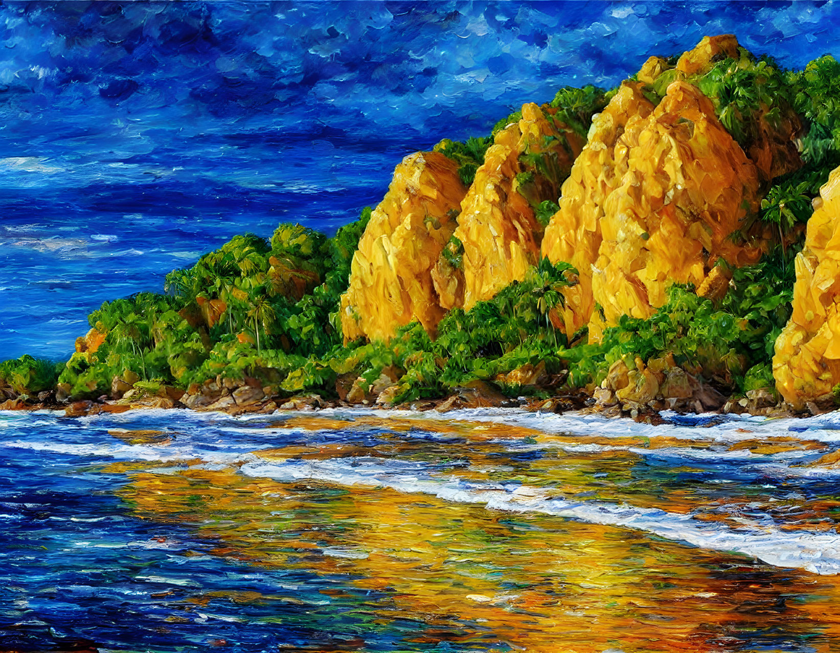 Colorful Oil Painting: Rocky Coastline, Greenery, Blue Sky, Ocean Reflections