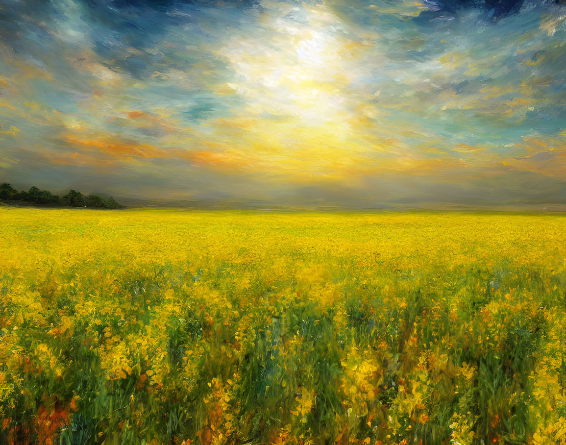 Vibrant oil painting: Blooming yellow flower field under dramatic cloudy sky