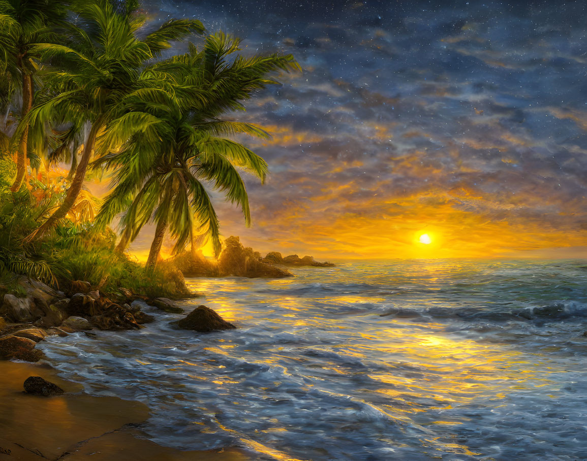 Tropical beach sunset with palm trees, rocks, ocean, and starry sky