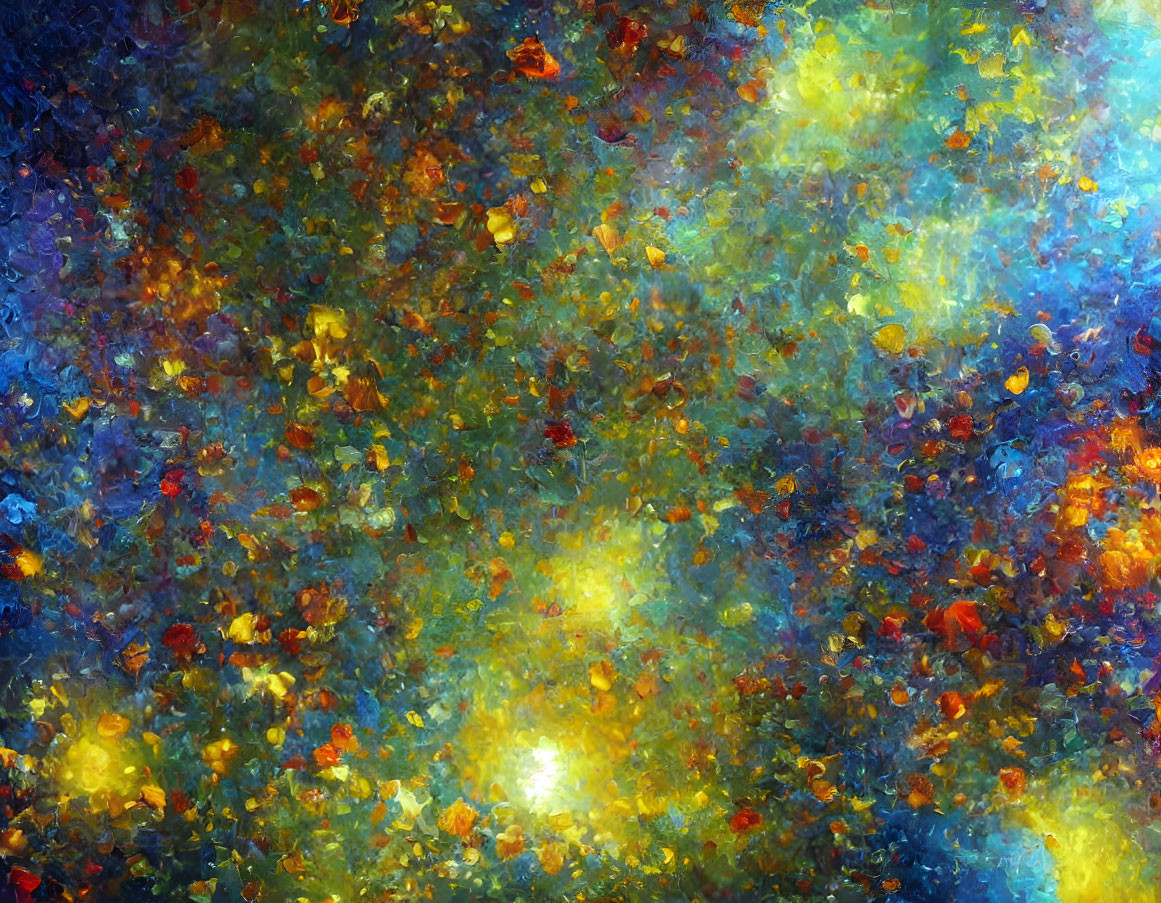 Vibrant Abstract Painting: Blue, Yellow, and Red Cosmic Scene