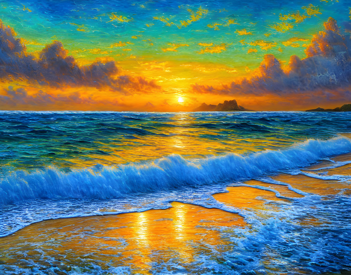 Vibrant ocean sunset with crashing waves and colorful sky