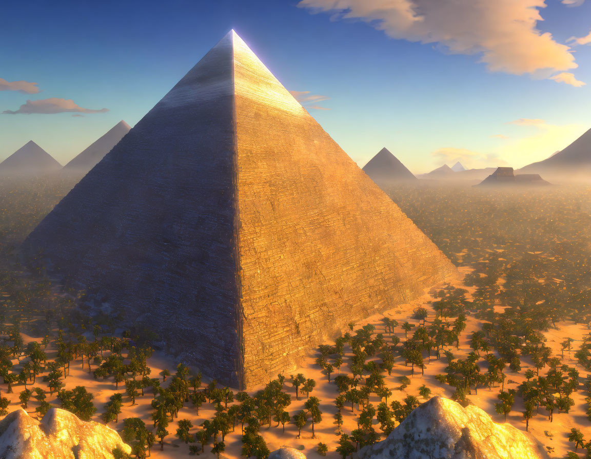 Golden sunlight illuminates large pyramid in oasis landscape