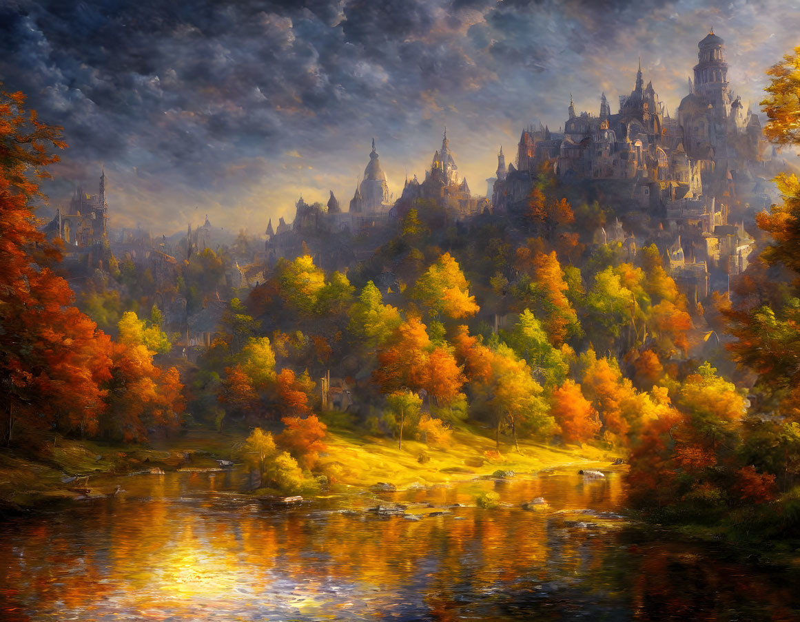 Majestic castle surrounded by vibrant autumn trees near serene river