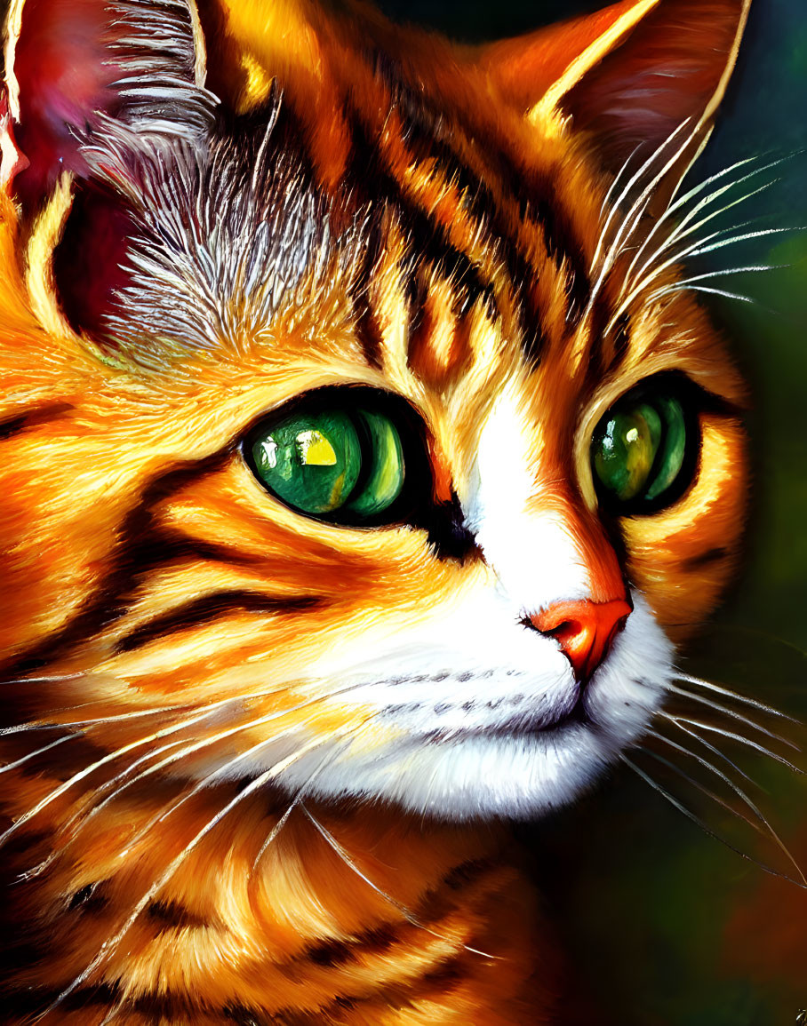 Detailed digital painting of an orange tabby cat with green eyes