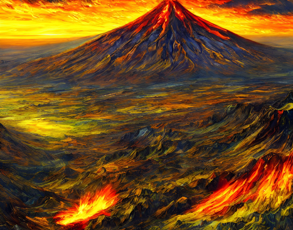 Vibrant volcanic landscape painting with erupting peak and fiery sunset sky