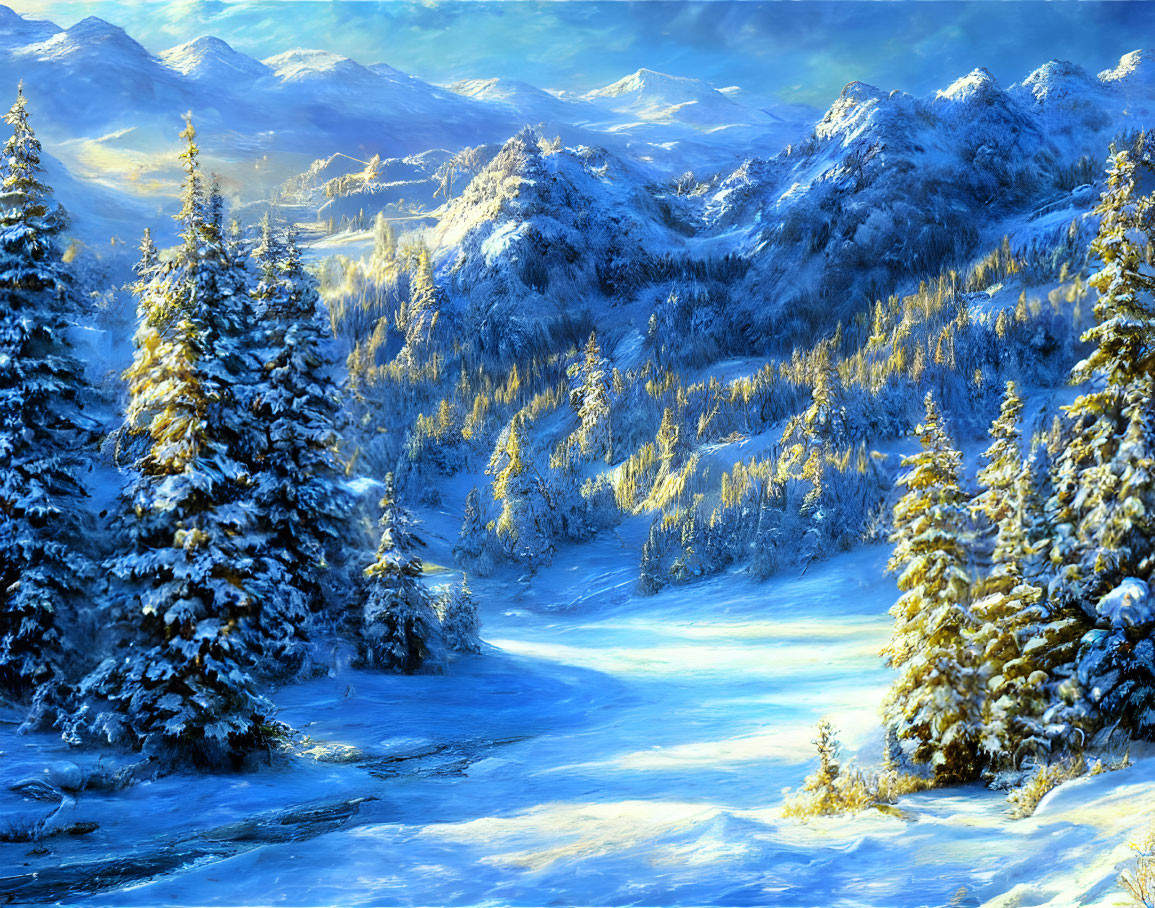 Snow-covered pine trees, frozen river, & mountain ranges in winter landscape