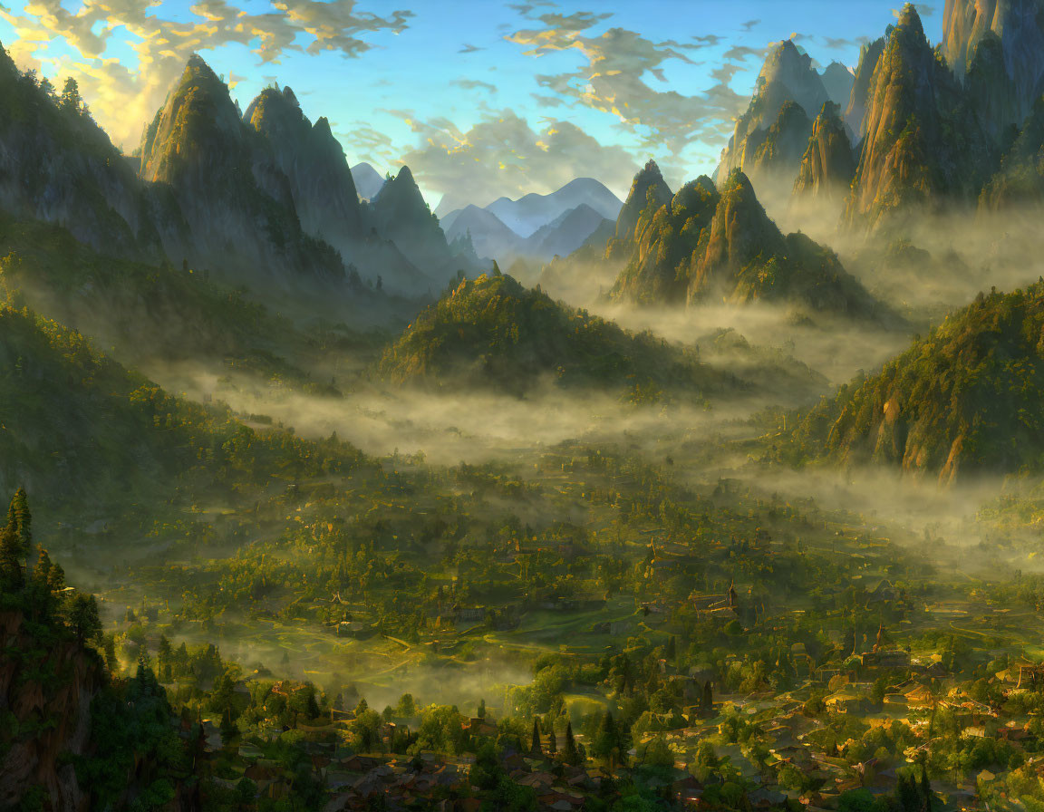 Serene landscape with misty valleys, green hills, rugged mountains at sunrise or sunset