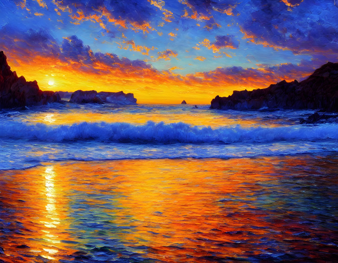 Scenic ocean sunset with crashing waves and colorful sky