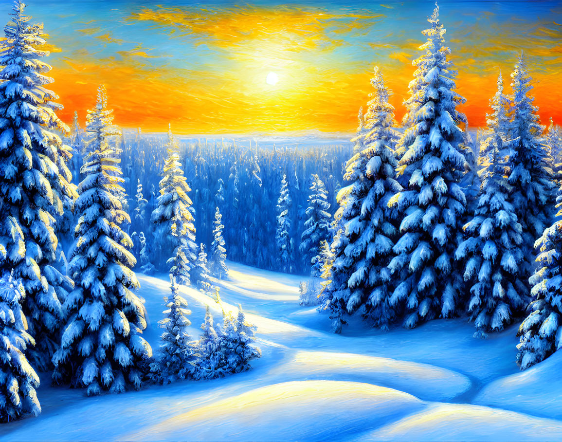 Vibrant sunset sky over snow-covered pine trees