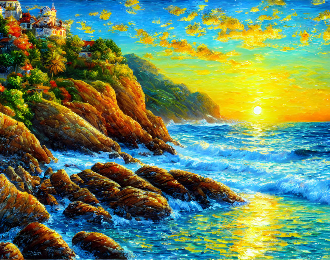 Coastal sunset painting with golden clouds, calm sea, rocky shores, and cliff-side house