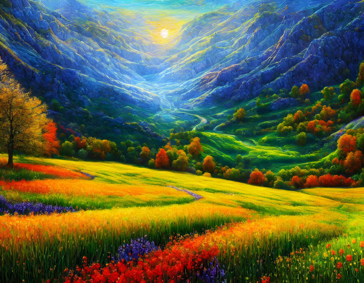 Colorful Sunrise Landscape Painting with Valley, Flowers, and Mountains