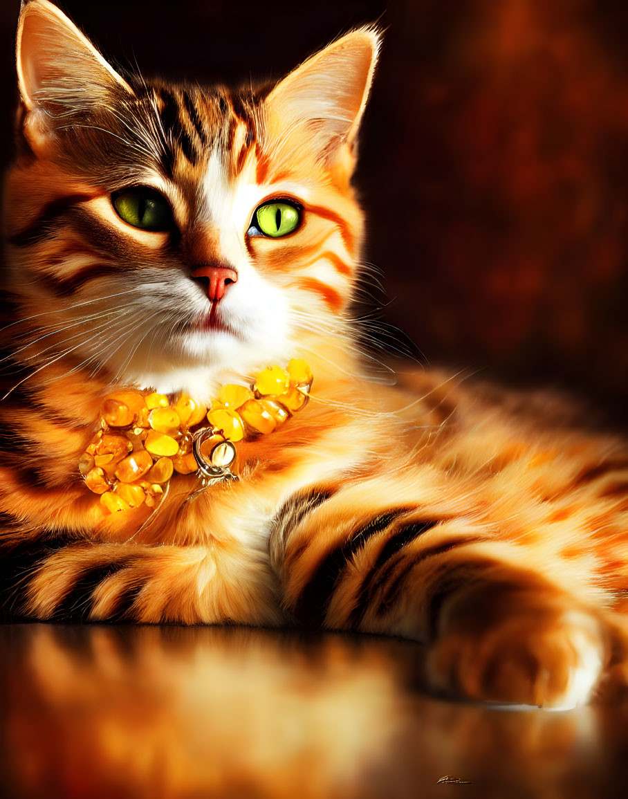 Orange Tabby Cat with Green Eyes Wearing Amber Necklace in Warm Light