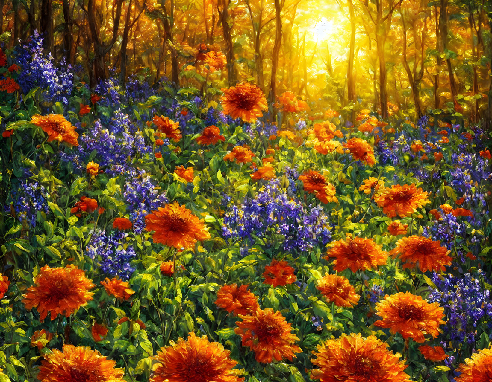 Colorful forest painting with sunlight and flowers.