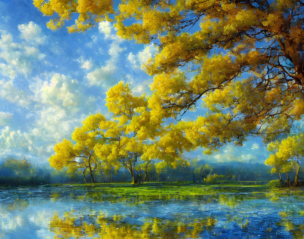 Golden-yellow Trees Reflected in Blue River Landscape