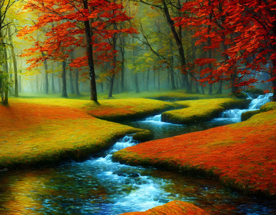 Tranquil autumn forest with vibrant foliage and meandering stream