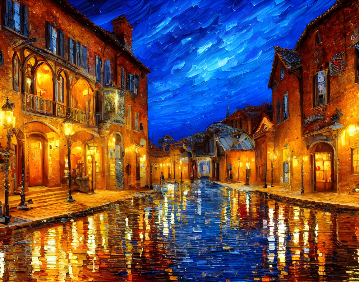 European Street Night Painting: Impressionist Style, Vibrant Colors