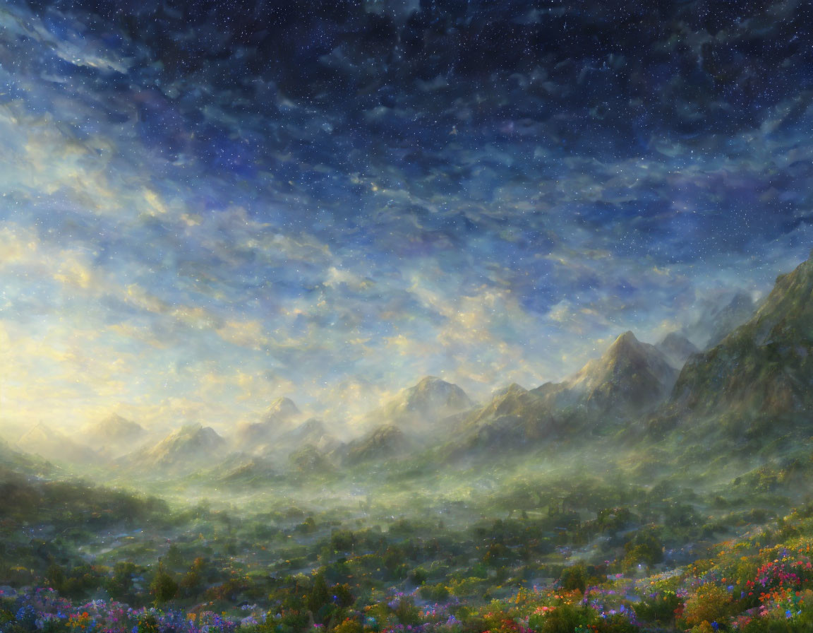 Scenic landscape: flower meadows, misty mountains, starry night.