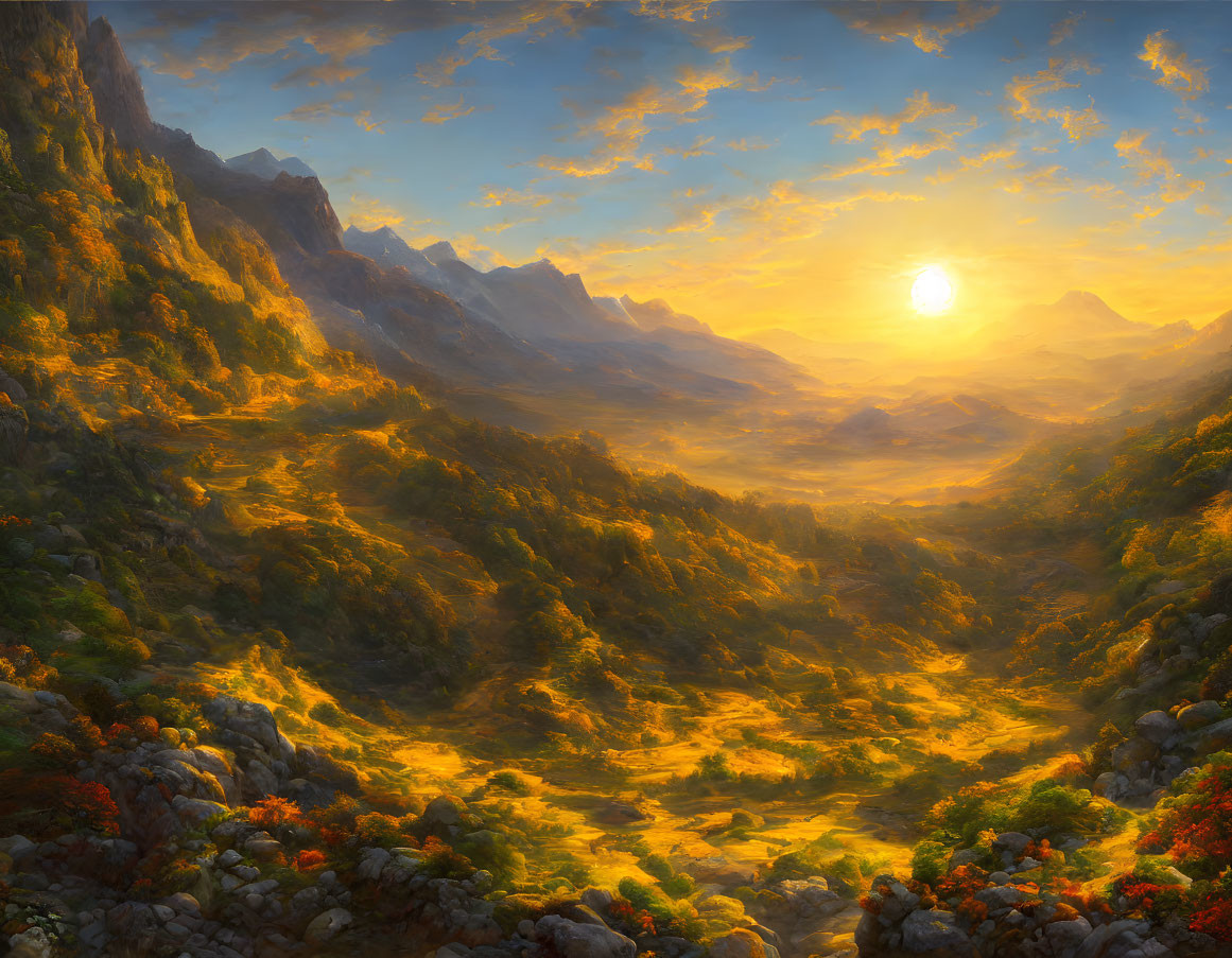 Sunlit Valley with Rolling Hills and Sunset Glow