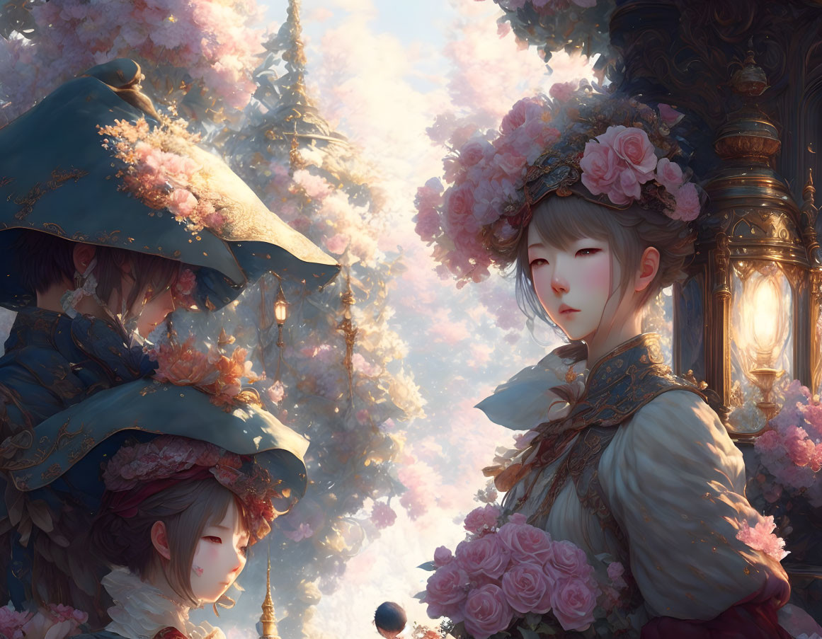 Historical clothing illustration with cherry blossoms and lamppost