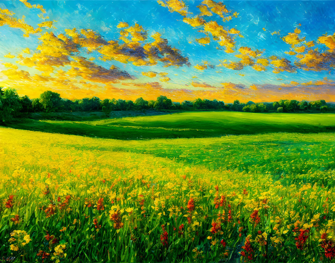 Colorful landscape painting: yellow and red flowers under blue sky at sunset