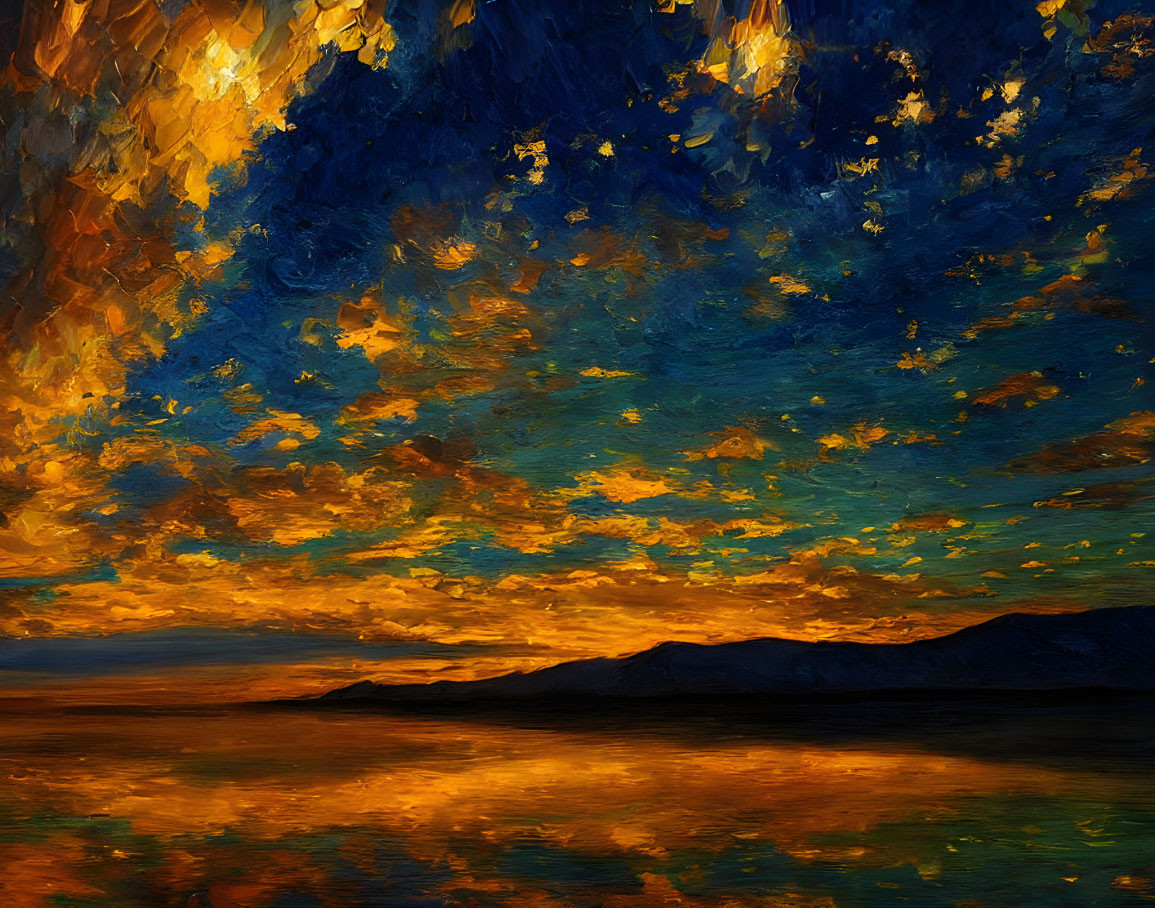 Vibrant Impressionist Sunset Painting with Golden and Azure Hues