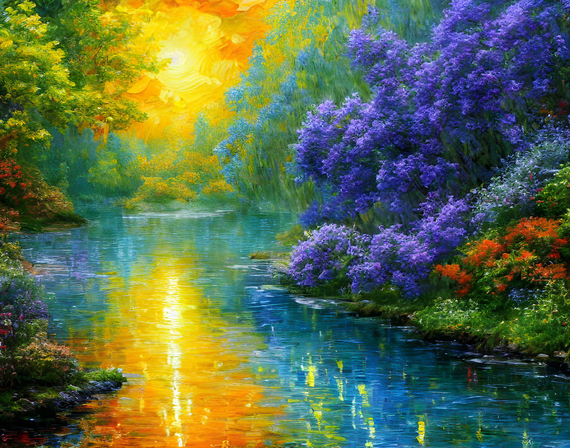 Colorful landscape painting: serene river, vibrant flowers, radiant sun