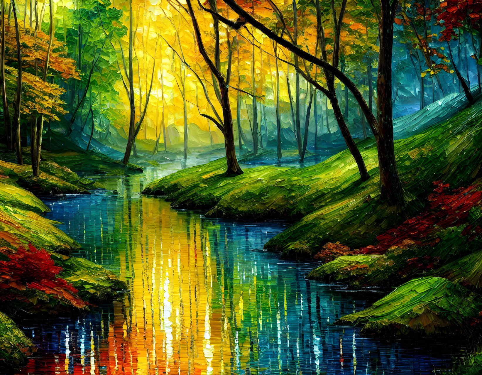 Forest painting: Reflective stream under golden autumn light