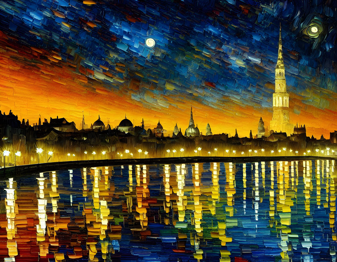 Vibrant impressionistic cityscape at night with illuminated tower.