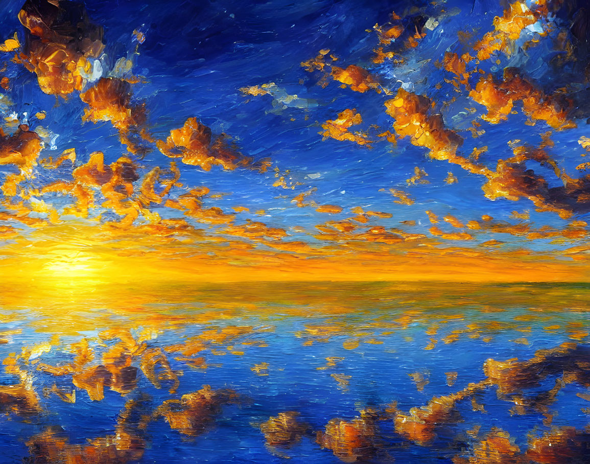 Vibrant Impressionist Sunset Painting with Golden Clouds and Blue Water