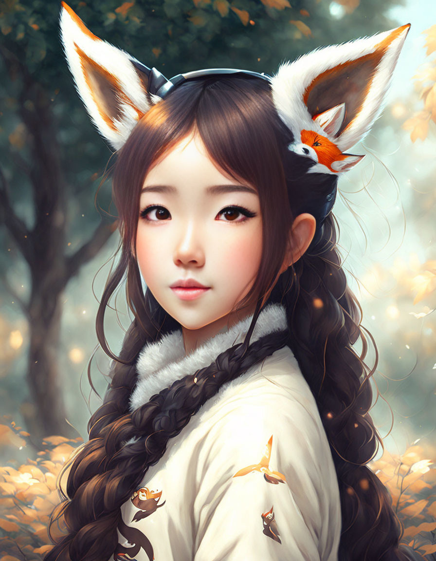 Digital artwork featuring girl with fox ears and small fox in amber leaf forest.