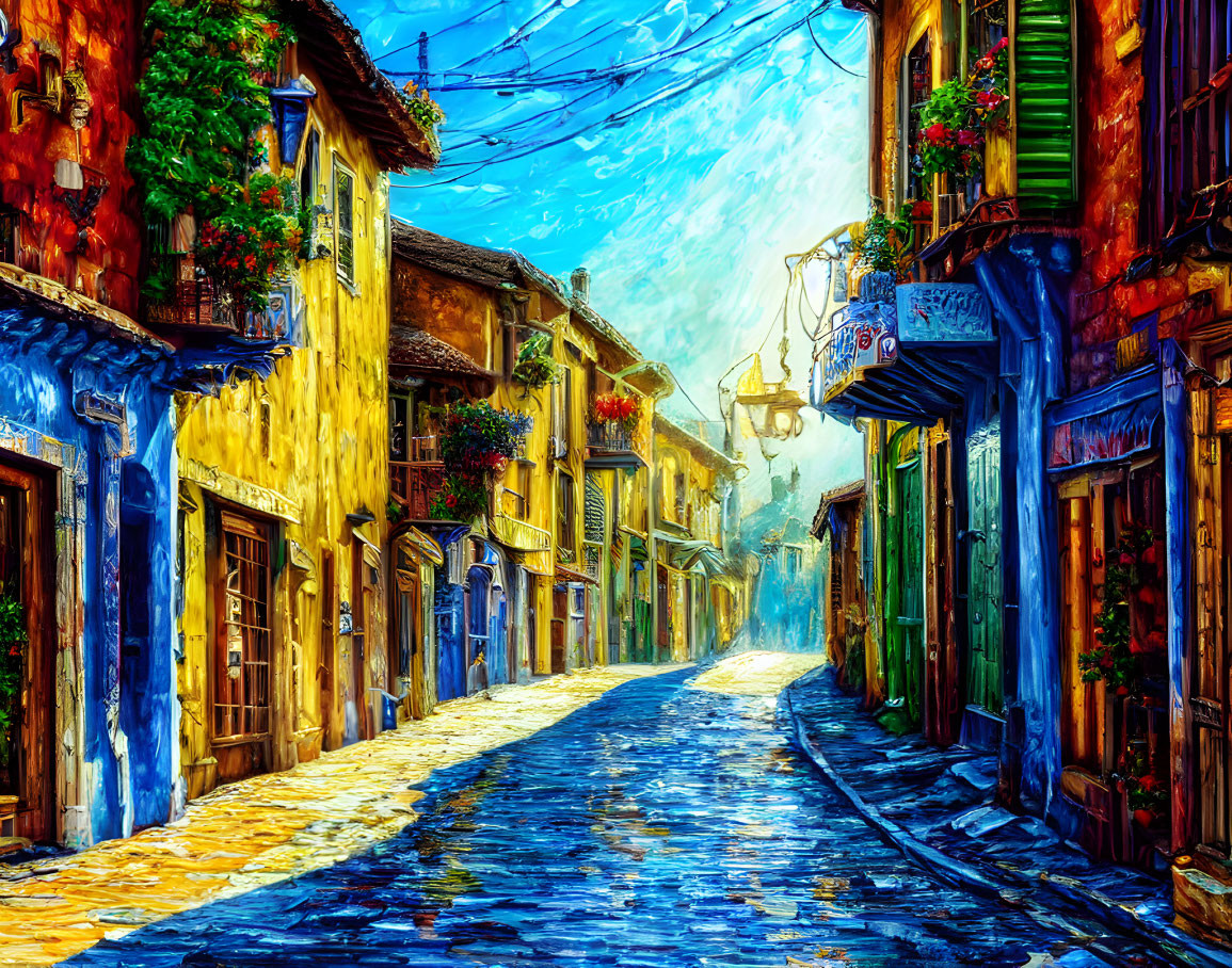 Colorful European-style village alley under blue sky