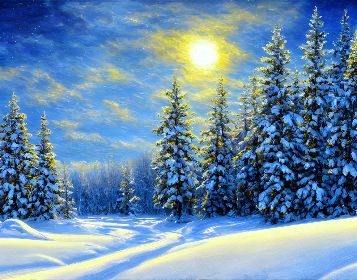 Full Moon Illuminating Snow-Covered Coniferous Trees