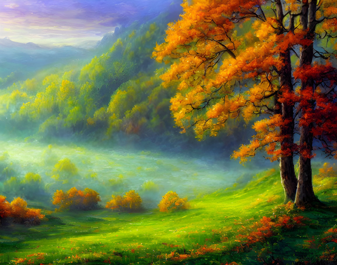 Scenic autumn landscape with large orange tree, misty meadow, and rolling hills